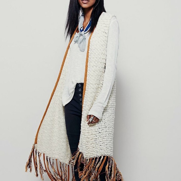 Free People Madeline Long Fringe Boho Chunky Cardigan Sweater Vest Large - Picture 2 of 6